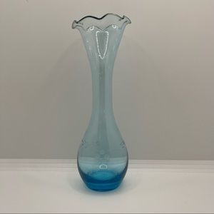 8” Glass Bud Vase Blue with Ruffle Top & Etched Floral design